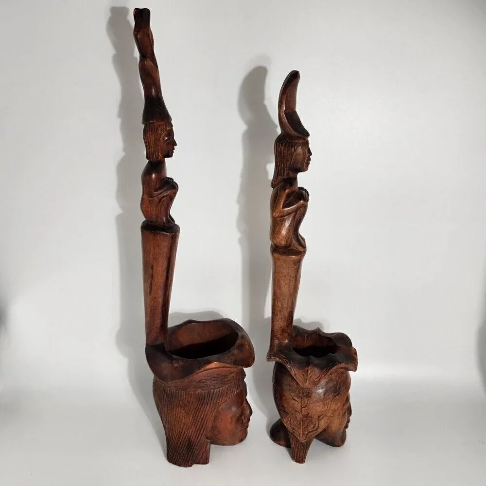 Polynesian Wood Carved Water Dipper Ladle 1960s Tribal Totem Africa Vintage 2Pcs